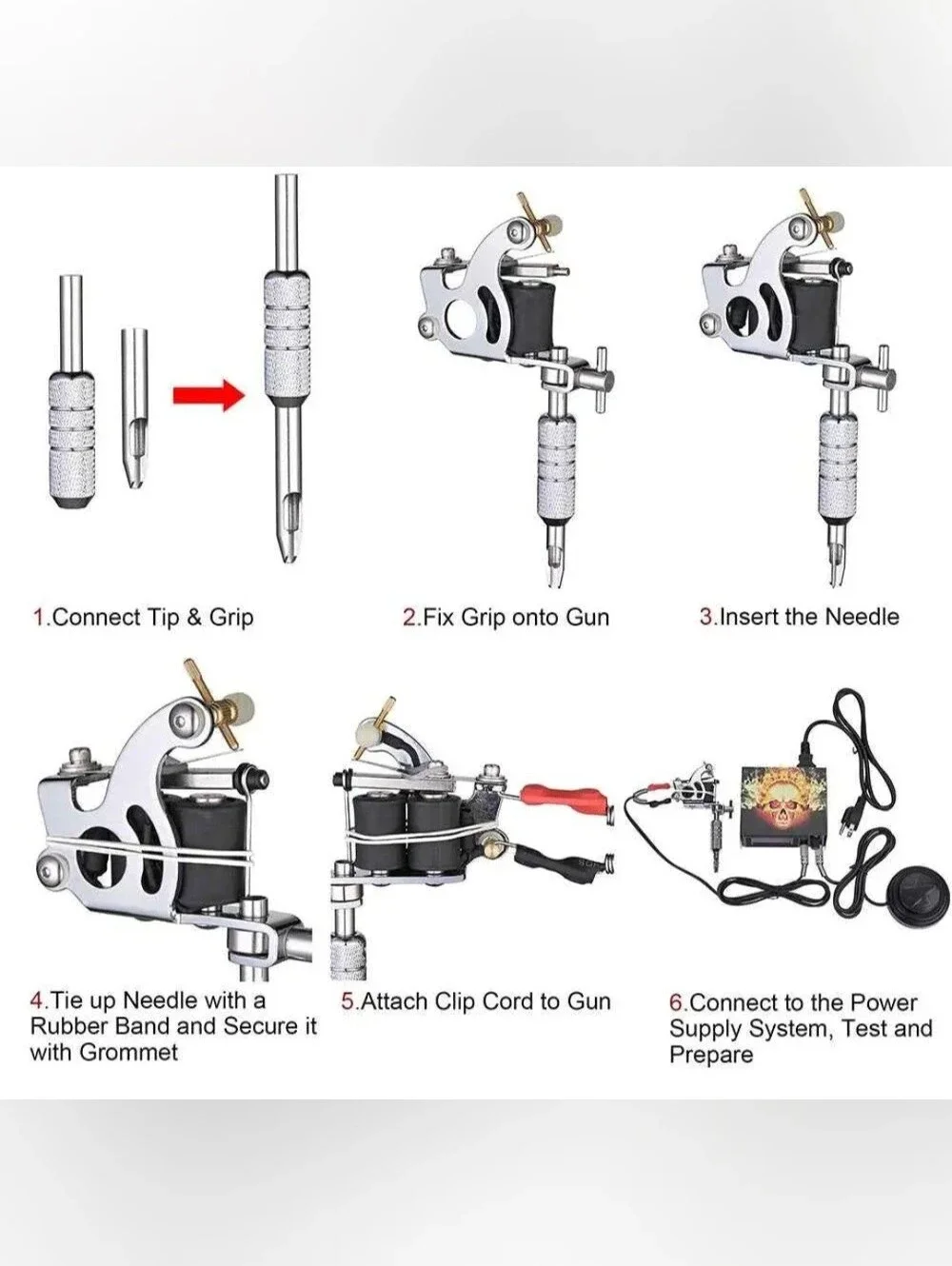 Dual Coil Tattoo Machine Kit with White Accessories